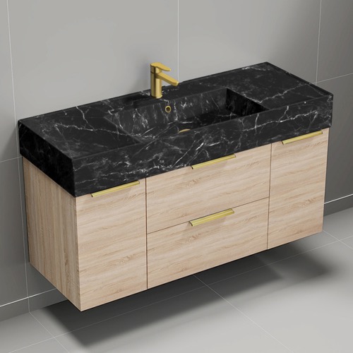 Nameeks DERIN983 48 Inch Bathroom Vanity With Black Marble Design Sink, Floating, Brown Oak